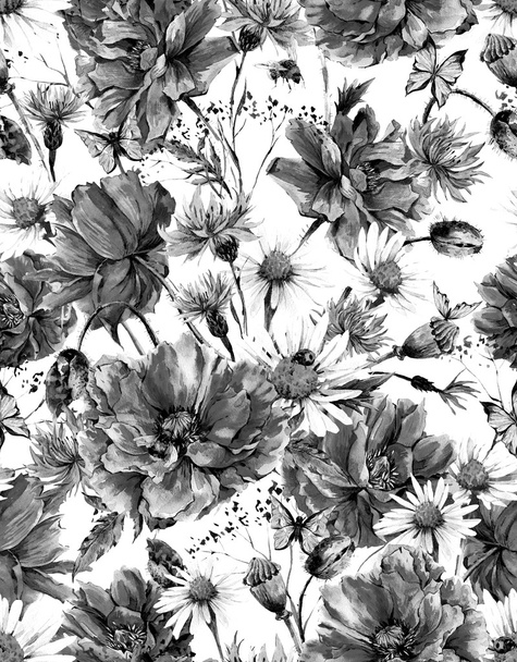 Monochrome Watercolor Vintage Floral Seamless Pattern with Blooming Poppies - Zdjęcie, obraz