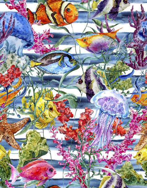 Watercolor sea life seamless pattern on a striped background, underwater watercolor illustration - Photo, Image