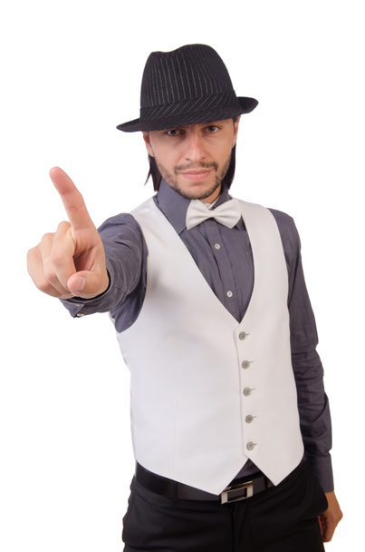 Jeune homme en chemise grise et chapeau noir isolé sur blanc
 - Photo, image