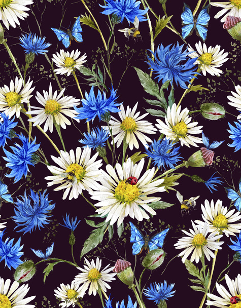 Summer Watercolor Vintage Floral Seamless Pattern with Blooming Chamomile and Daisies  - Фото, зображення