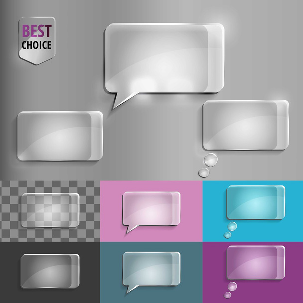 Rechteck-Set von Glassymbolen für Sprechblasen mit sanftem Schatten auf dem Hintergrund des Farbverlaufs. Vektor-Abbildung Folge 10 für Web. - Vektor, Bild