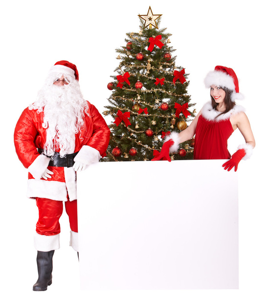 Christmas girl, santa claus with banner and tree. - Photo, image