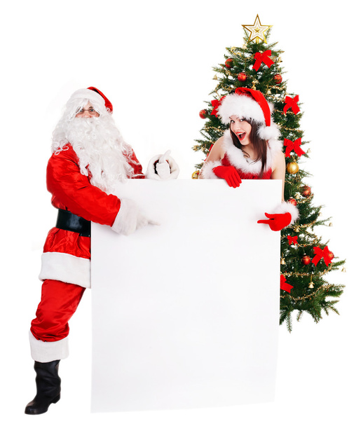 Santa claus and girl by christmas tree banner. - Photo, Image