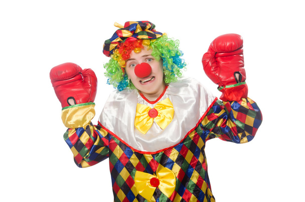 Clown mit Boxhandschuhen isoliert auf weiß - Foto, Bild