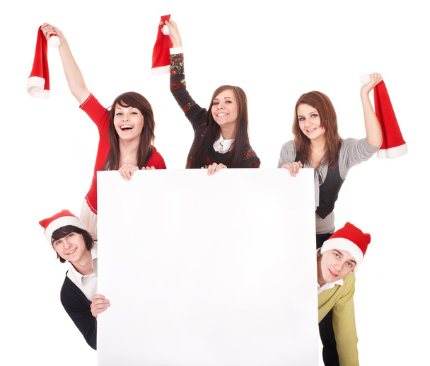 boldog csoport santa kalap whith banner. - Fotó, kép