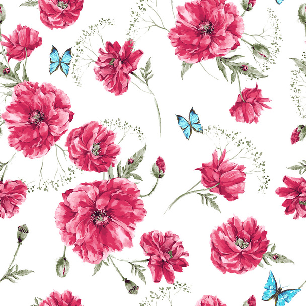 Beautiful gentle watercolor vintage summer seamless pattern with red poppies - Vector, Image