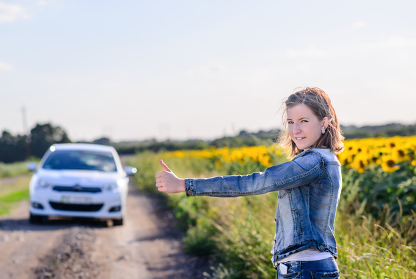Young woman hitchhiking in the countryside - Photo, Image