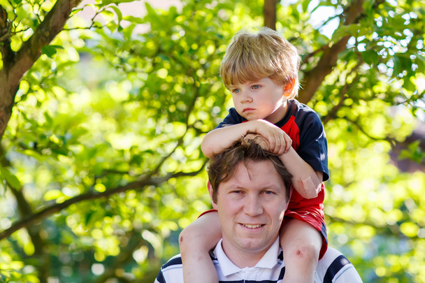 Father carrying child on his shoulders in the park - Photo, Image