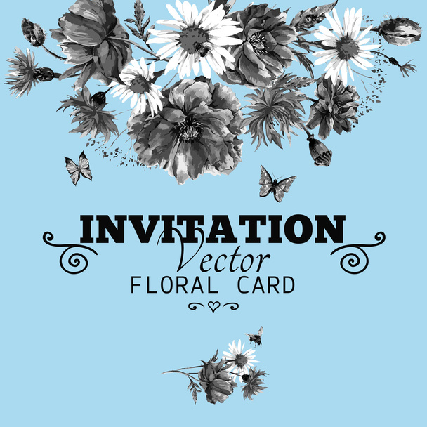 Watercolor monochrome floral greeting card with poppies, cornflowers and daisies - Vektör, Görsel