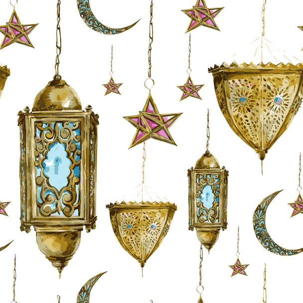 Traditional watercolor seamless background with arabic lantern, stars and moon - Vector, Image