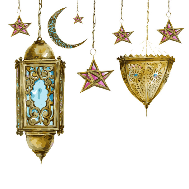Carte de voeux aquarelle traditionnelle avec lanterne arabe, étoiles et lune
 - Vecteur, image
