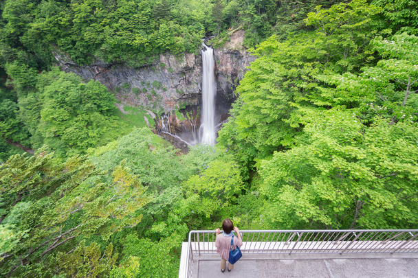 Niewyraźne Turysta odwiedzający Kegon Upada, Nikko, szeroki kąt - Zdjęcie, obraz