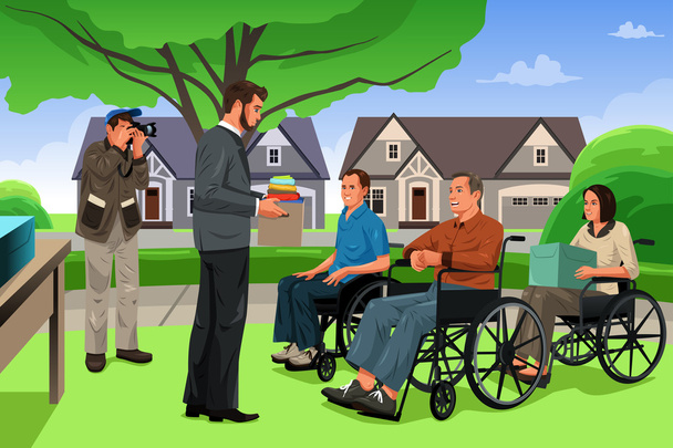 El hombre donando a las personas incapacitadas en un evento
 - Vector, imagen