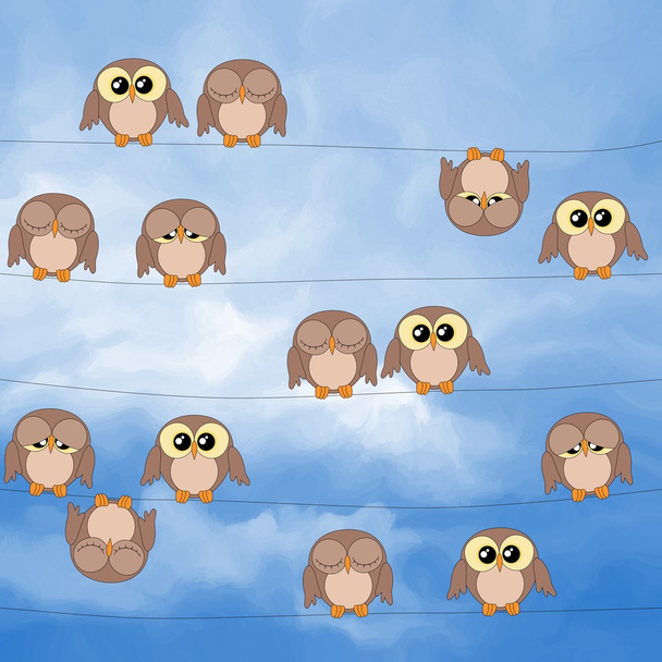 Illustration of cute owls sitting on power lines - Photo, Image