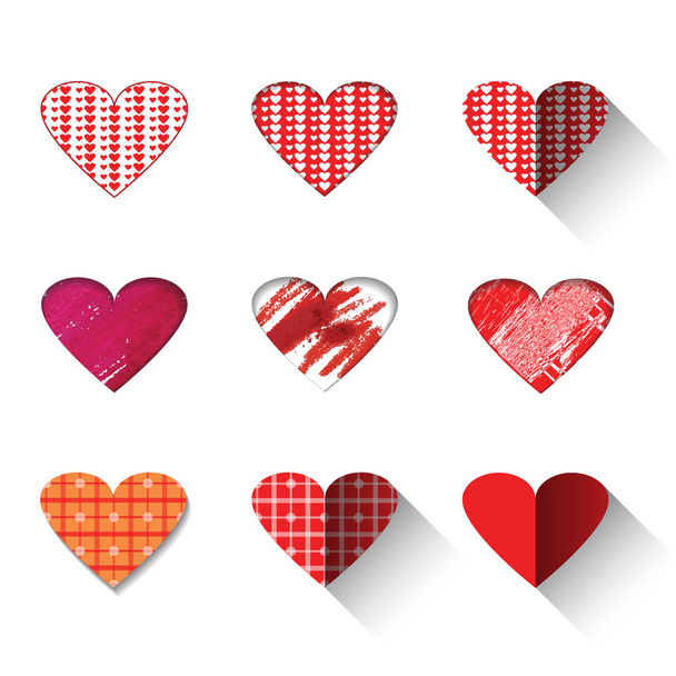 Vector illustration icon set of red hearts shape for Valentine's Day.Mix techniques design, drawn by hand, paint in watercolor, seamless patterns and flat icon long shadow.Isolated on white background - Vektor, obrázek
