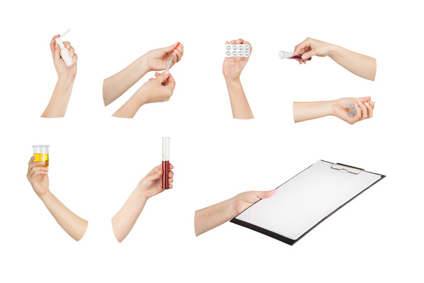  Колекція рук з медичними інструментами ізольовані на білому
 - Фото, зображення