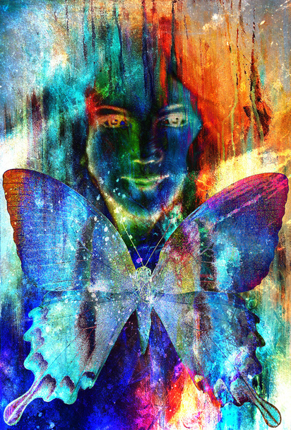 Cara angelical de niña y una mariposa. Estructura y color Collage art
 - Foto, imagen