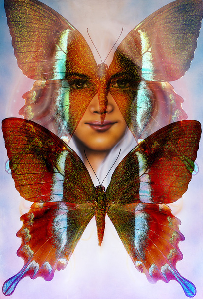 young girl angelic face and a butterfly. Structure and color Collage art - Fotó, kép