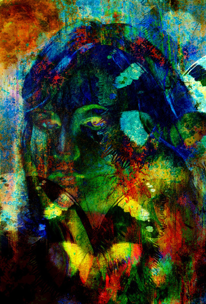Γυναίκα αγγελικό πρόσωπο και μια πεταλούδα. Δομή και το χρώμα Τέχνη κολάζ - Φωτογραφία, εικόνα