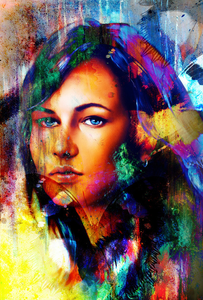 Woman angelic face and a butterfly. Structure and color Collage art - Photo, Image