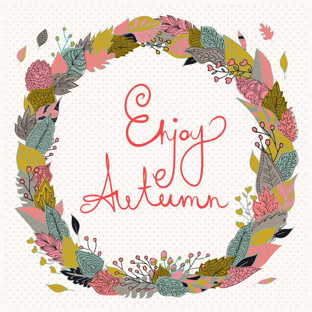 Hello autumn. Autumn wreath  with colored leaves. Background with polka dots. - ベクター画像