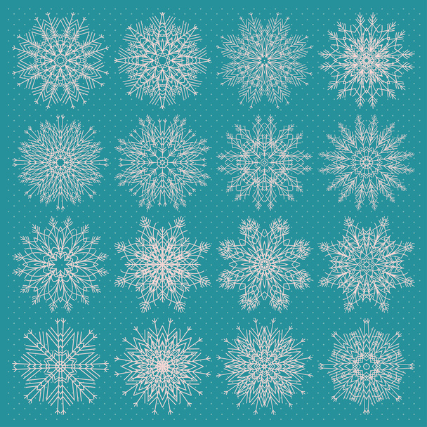 Vector set of sixteen different snowflake silhouettes on blue background. - ベクター画像
