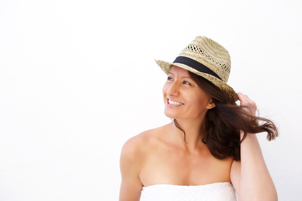 Summer woman in hat smiling  - Fotó, kép