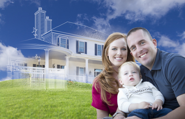 Young Military Family with Ghosted House Drawing Behind - Photo, Image