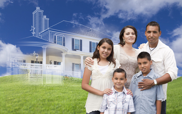 Hispanic Family with Ghosted House Drawing Behind - Photo, Image