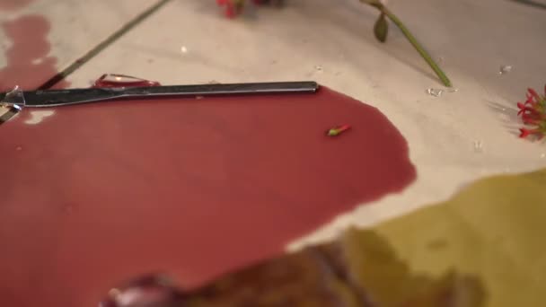 Deel van een gebroken wijnglas valt in een plas van wijn op de verdieping - Video
