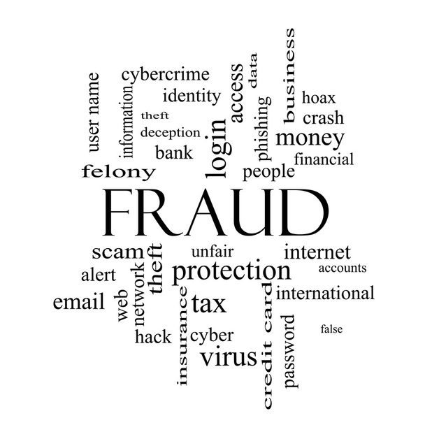 Conceito de nuvem de palavras de fraude em preto e branco
 - Foto, Imagem