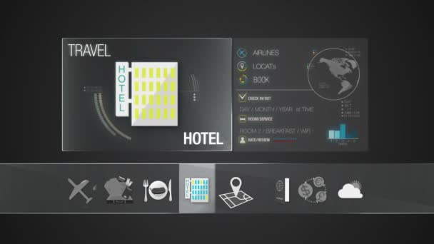Hotel ikona dla podróży zawartości. Cyfrowy wyświetlacz aplikacji. - Materiał filmowy, wideo