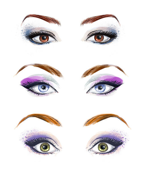 Set van vrouwelijke ogen en wenkbrauwen afbeelding met prachtig fashion make-up. Mode illustratie. Groene ogen. Blauwe ogen. Bruine ogen. - Foto, afbeelding