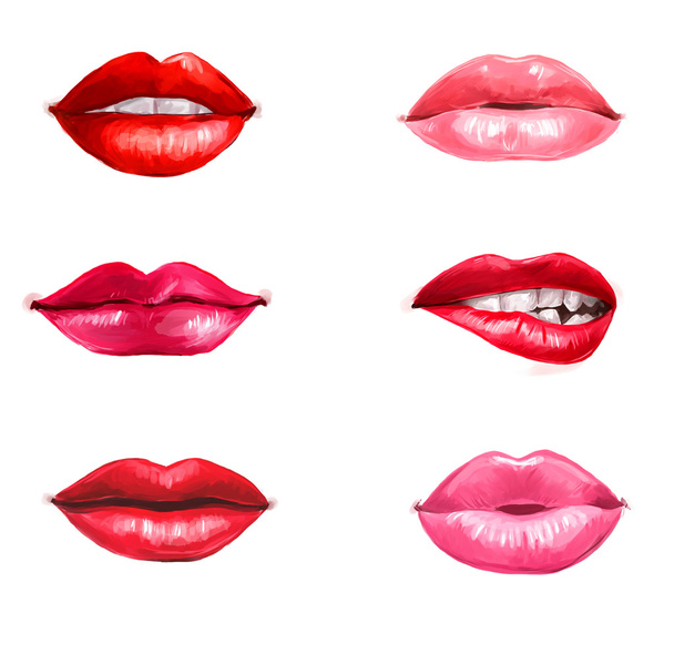 Набор губ изолирован на белом фоне. Красные губы на заднем плане. Реклама помады. Улыбающиеся губы. Искушение, любовь, счастье, похоть, губы поцелуя. Здоровые и белые зубы
. - Фото, изображение