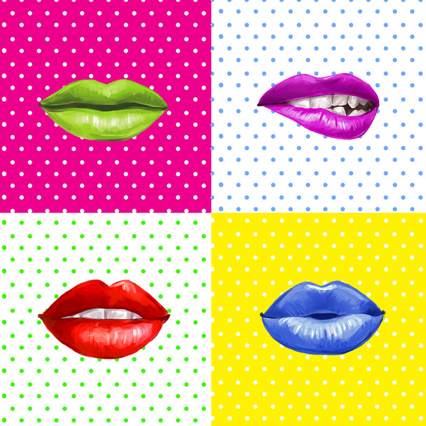 Pop art lips.Lips background. Lipstick advertisement.Smiley lips.Temptation, love, happy, lust,kiss lips. Lips set isolated . Design element. Red lips. Lips background. Healthy and white teeth. - Photo, Image