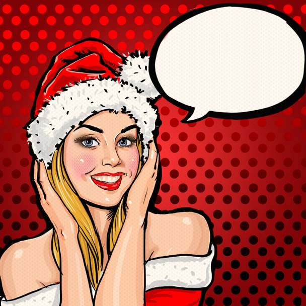 Meisje in kerstmuts met een tekstballon op rode achtergrond. Christmas Santa hoed vrouw portret. Lachende gelukkig meisje. Blond meisje in Kerstman hoed. Partij Kerstaffiche. Nieuwjaar partij. Kerstmis briefkaart. Sexy - Foto, afbeelding