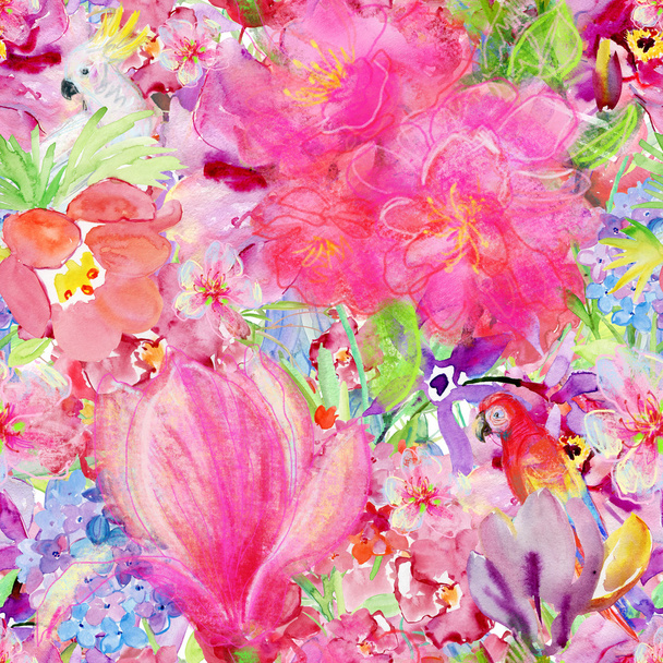 Красочные тропические цветы и попугаи
 - Фото, изображение