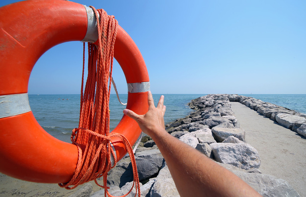 safety lifebuoy with rope to rescue swimmers - Photo, Image