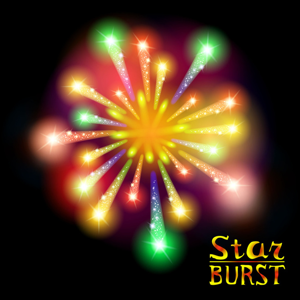 Fuegos artificiales festivos estampados estallando en varias formas pictogramas brillantes contra fondo negro vector abstracto ilustración aislada - Vector, Imagen