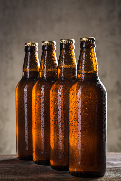 Freshly brewed beer bottles in a row over the grey concrete wall - Fotó, kép