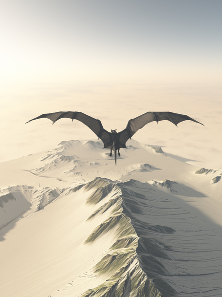 Полет серого дракона над снежными горами
 - Фото, изображение