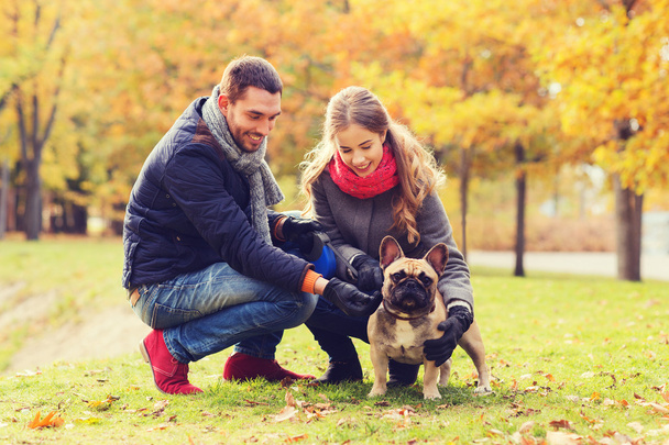 smiling couple with dog in autumn park - Foto, imagen