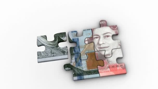 Geanimeerde puzzels met beeld van 100 Euro, 100 Dollar en 50 pond - Video