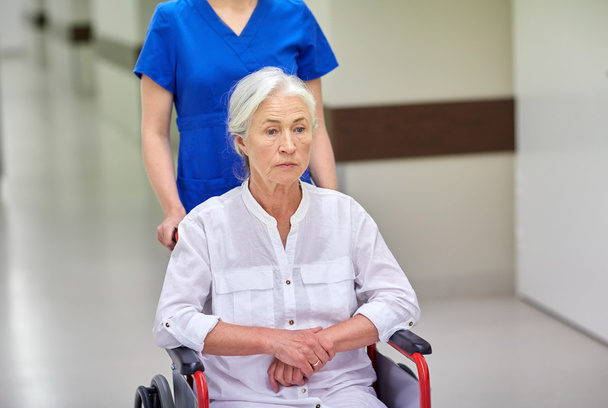 nurse with senior woman in wheelchair at hospital - Foto, afbeelding