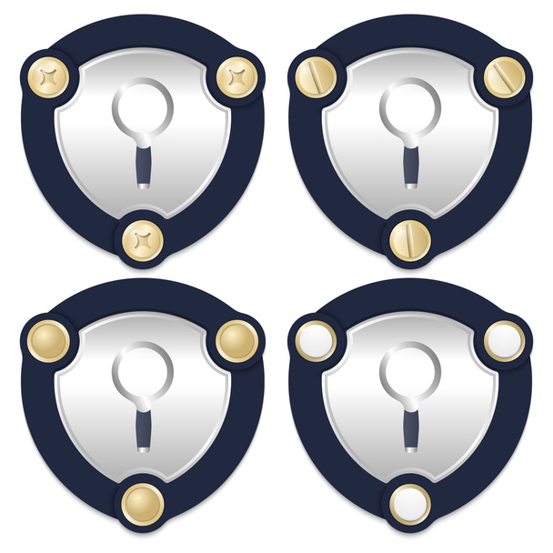 Set of four abstract icons with golden screws and magnifier - Vector, Image