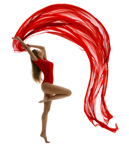 Dancing Woman, Flying Red Cloth, Gymnast Girl Dance Wave Fabric, White - Фото, изображение