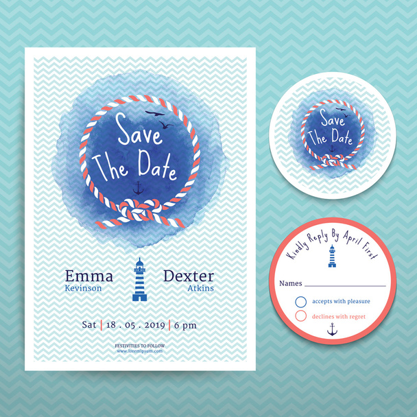 Nautical rope water colour wedding invitation and RSVP card template - Vector, Image