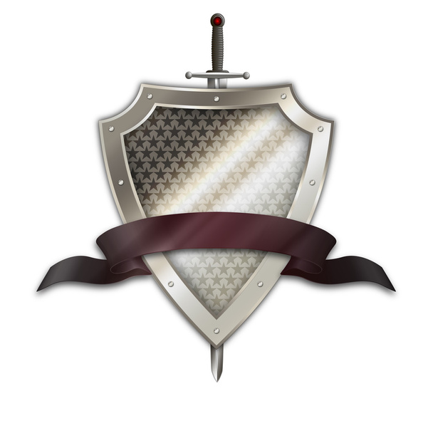 Silver shield with sword and red ribbon. - Zdjęcie, obraz