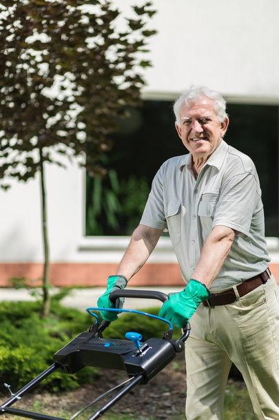 elderly man mows a lawn - Foto, afbeelding