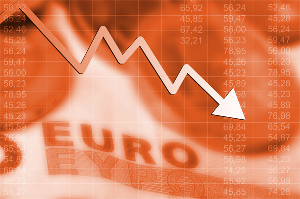 γράφημα βέλος πηγαίνει κάτω και το ευρώ νόμισμα στο παρασκήνιο - Φωτογραφία, εικόνα